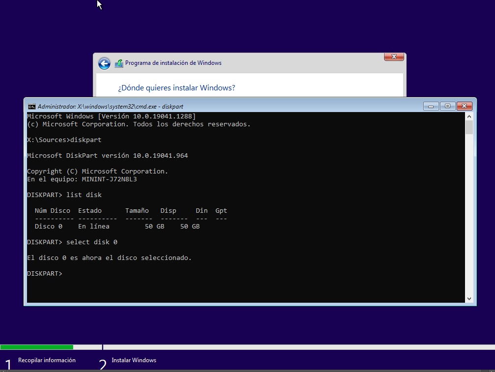 Disco 0 seleccionado en Diskpart usando la terminal Símbolo del sistema durante la instalación de WinSlim Disco 0 seleccionado en Diskpart usando la terminal Símbolo del sistema durante la instalación de WinSlim